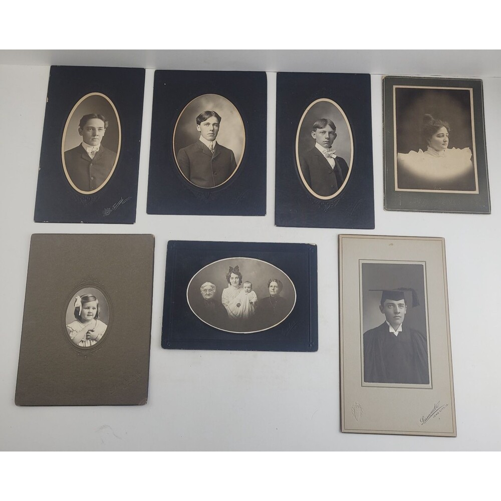 Lot Of 7 Antique Cardboard Mounted Photographs People Kids Family